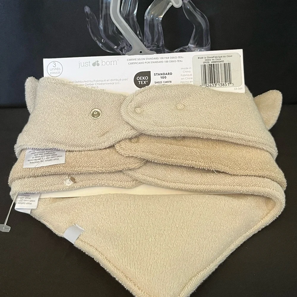 BNWT Just Born Tan and Cream Animal Baby Bibs - 3 Pack